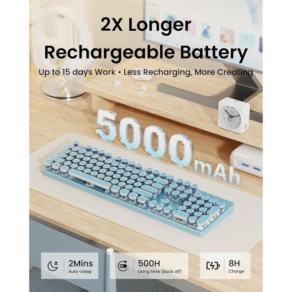 Wireless Typewriter Style Mechanical Keyboard with White Backlit, Blue | Bluetoo